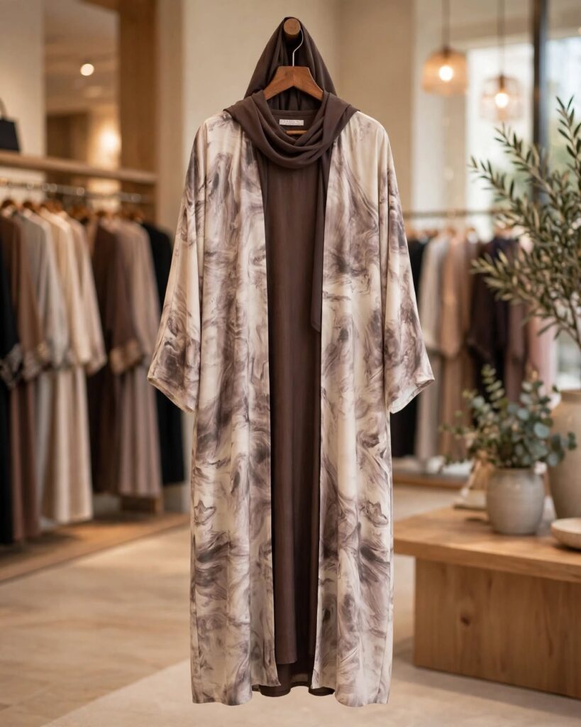 Ethereal Marble Print Hooded Abaya & Dress Set – Earthy Mocha Elegance - Photo 4
