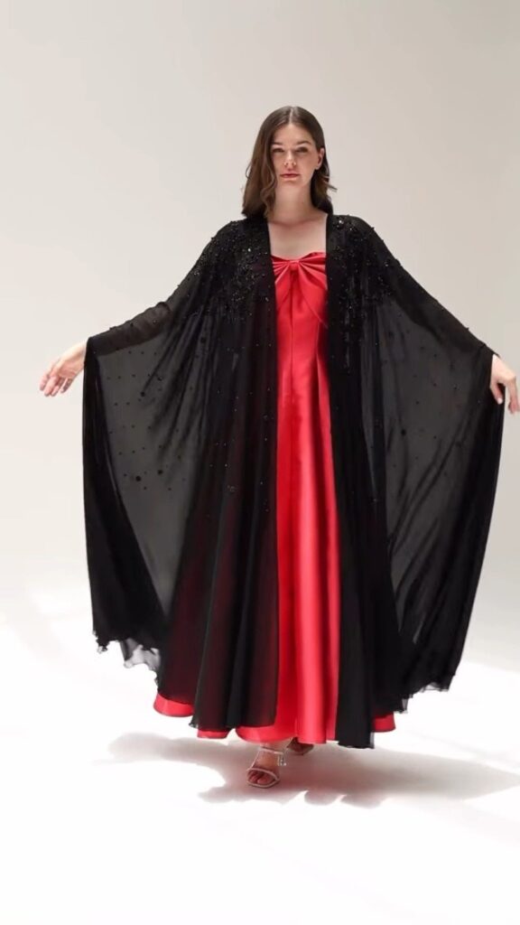 Crimson Satin Bow Maxi with Embellished Black Chiffon Shrug – Available in Red & Black Set - Photo 2